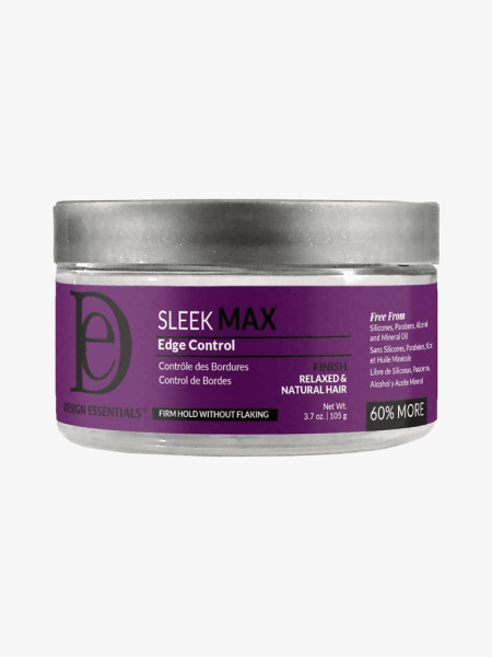 Design Essentials Sleek Max Hold Edge Control in branded clear and purple jar with silver lid on light gray background