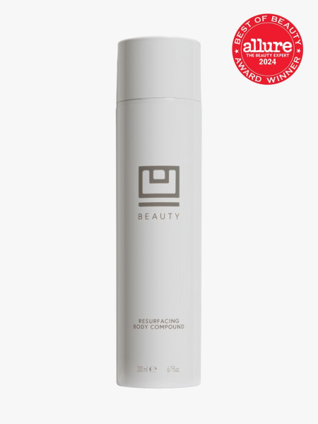 body compound in branded light gray bottle with cap on light gray background with red and white 2024 allure best of beauty seal